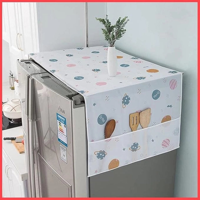 Waterproof Plastic Refrigerator Fridge Top Cover with 3 Side Storage Pockets Dustproof Fridge Cover for Kitchen Home Organizer Mat