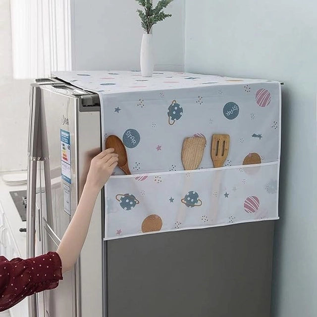 Waterproof Plastic Refrigerator Fridge Top Cover with 3 Side Storage Pockets Dustproof Fridge Cover for Kitchen Home Organizer Mat